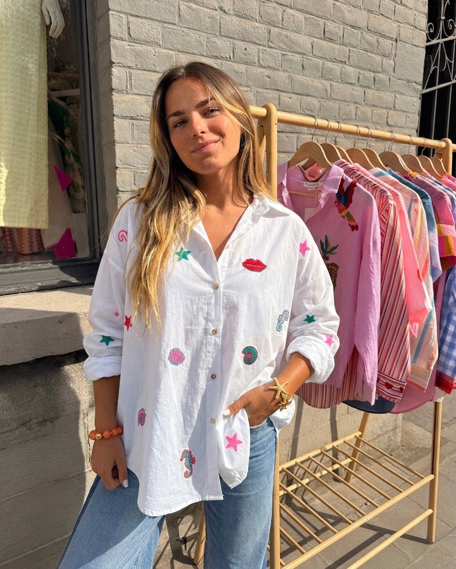 Hand embroidery White shells shirt
