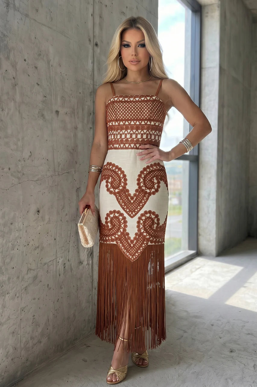 Camel Embroidery Dress with Tassels Details