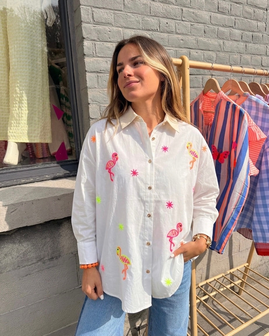 Hand embroidery White flamingo shirt
