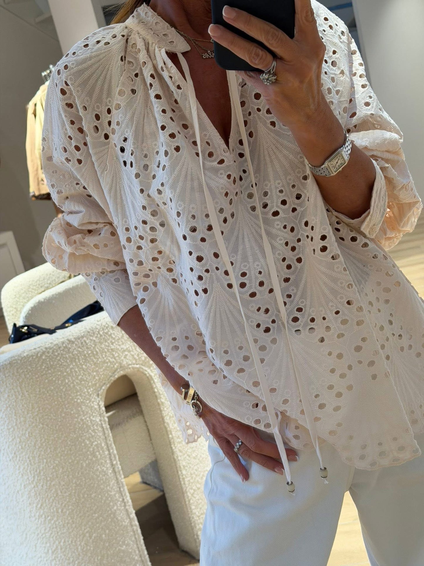 Cream Eyelet Boho Blouse