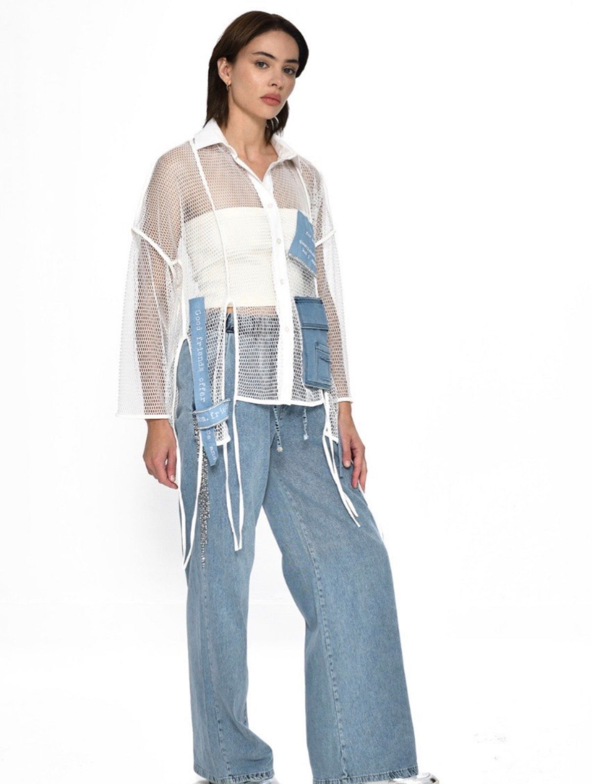 Mesh white Shirt with denim patchwork