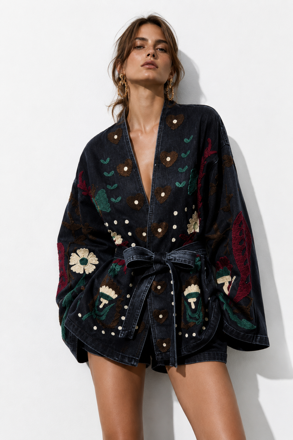 Black Denim Embroidered Cardigan