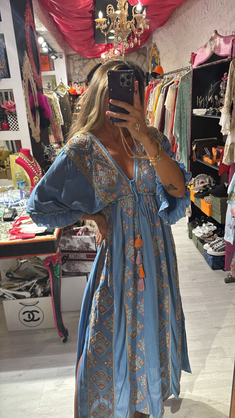 Blue Embroidered Maxi Dress