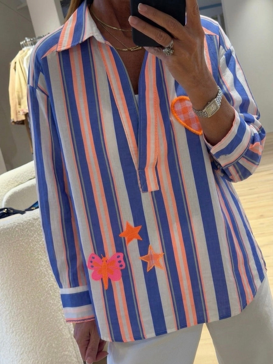 Hand embroidery blue striped shirt