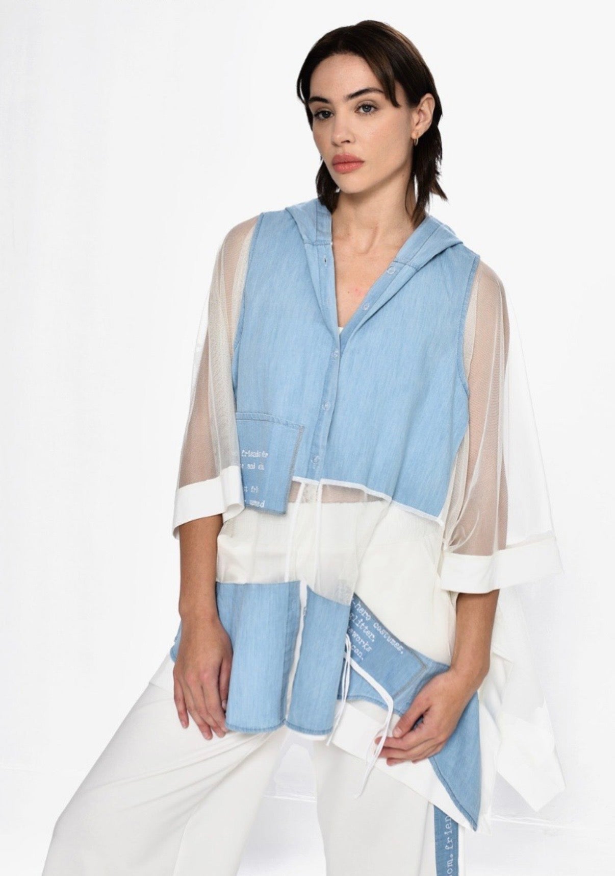 Mesh white Denim Long Shirt
