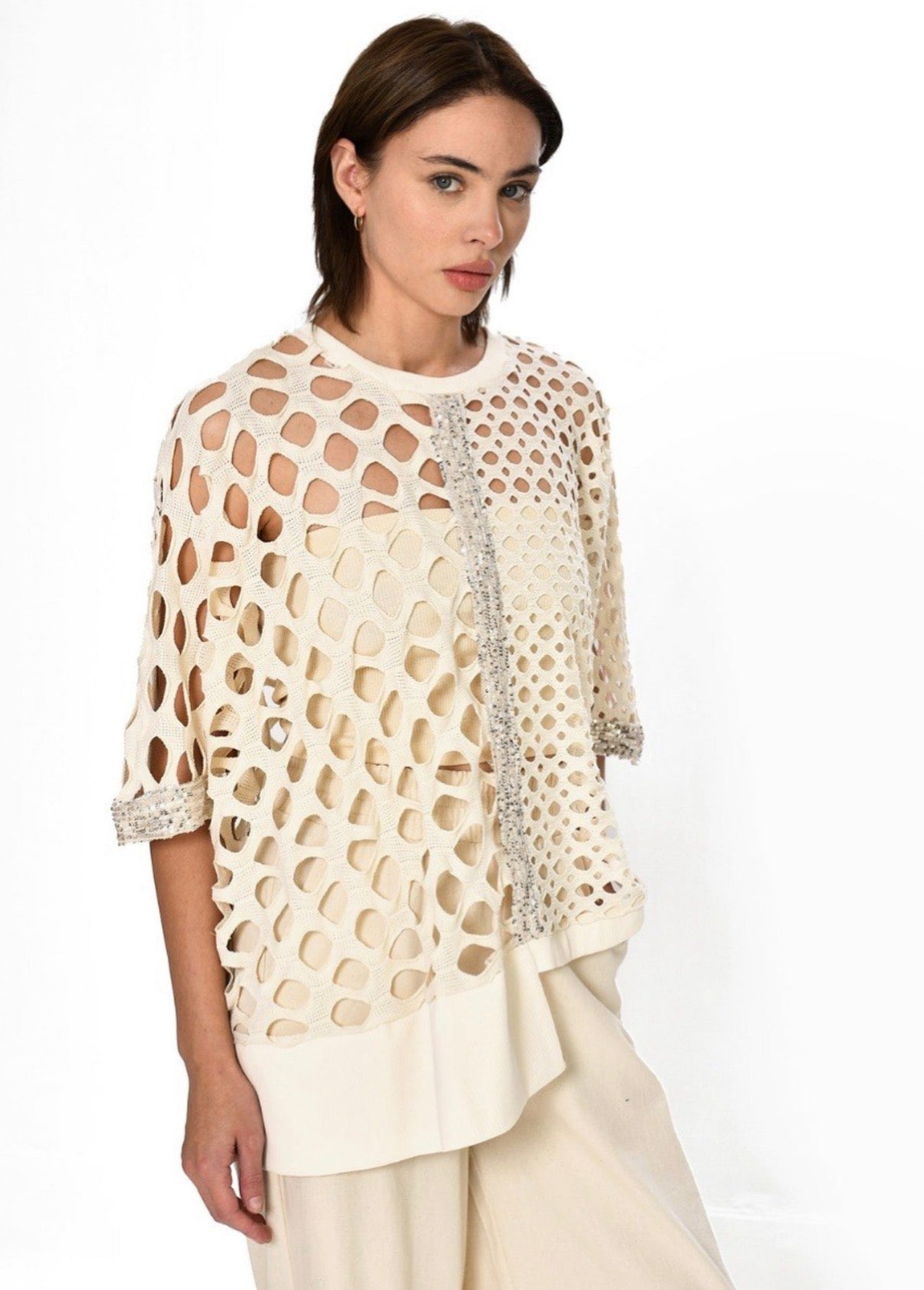Beige Asymmetrical Blouse with sequins
