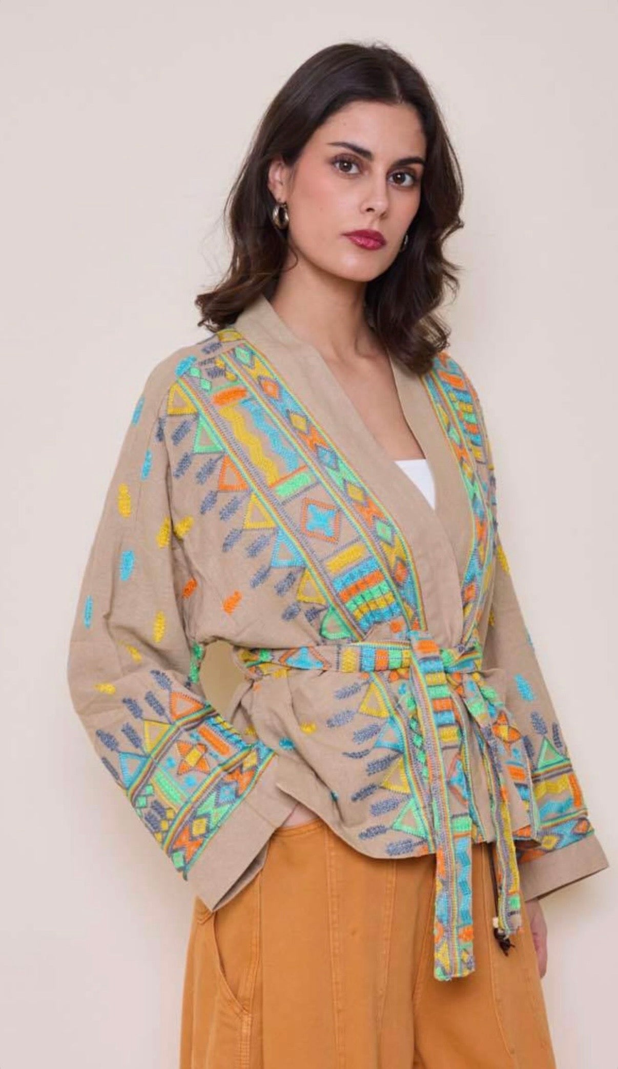 Embroidery Beige Linen Cardigan