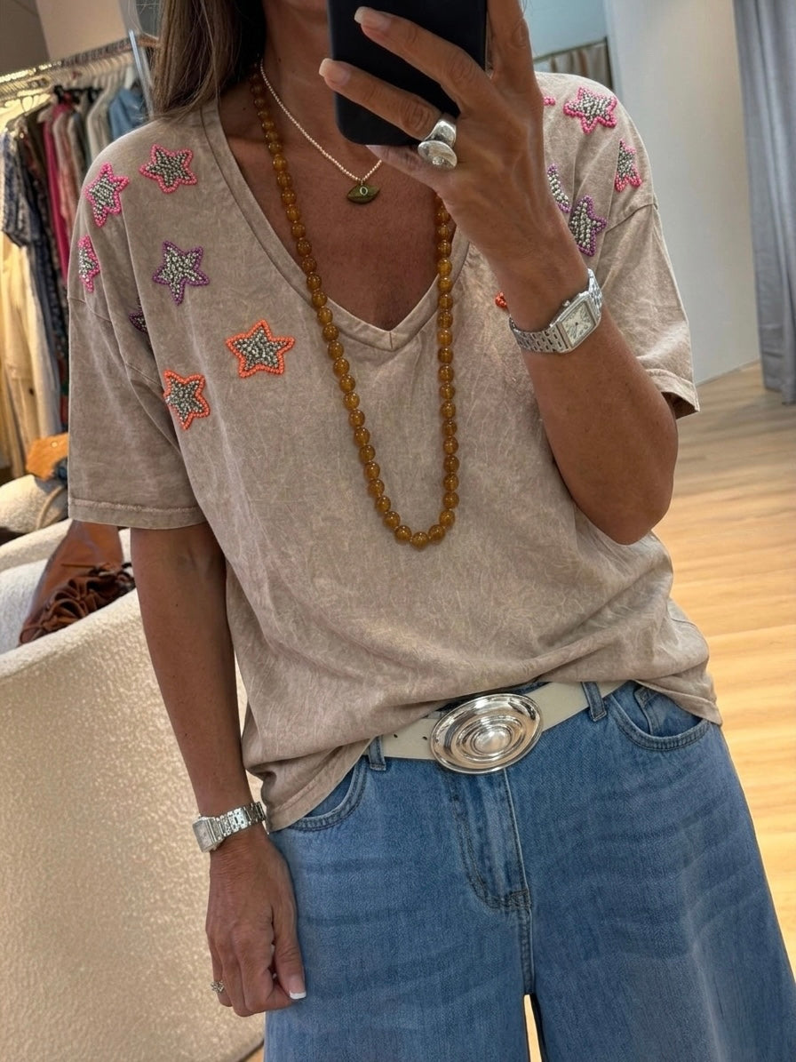 Beige washed Stars Embroidery Tshirt