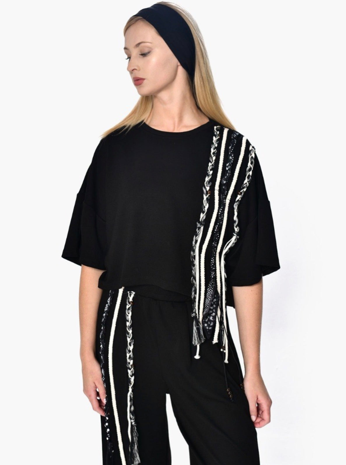 Black cotton Tshirt with tassle details