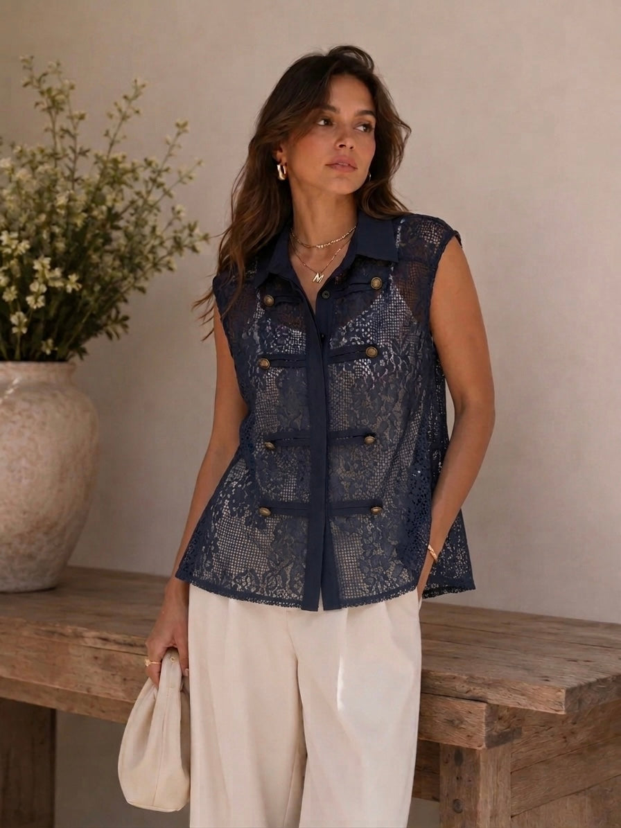 Lace Navy Double Buttons Gillet