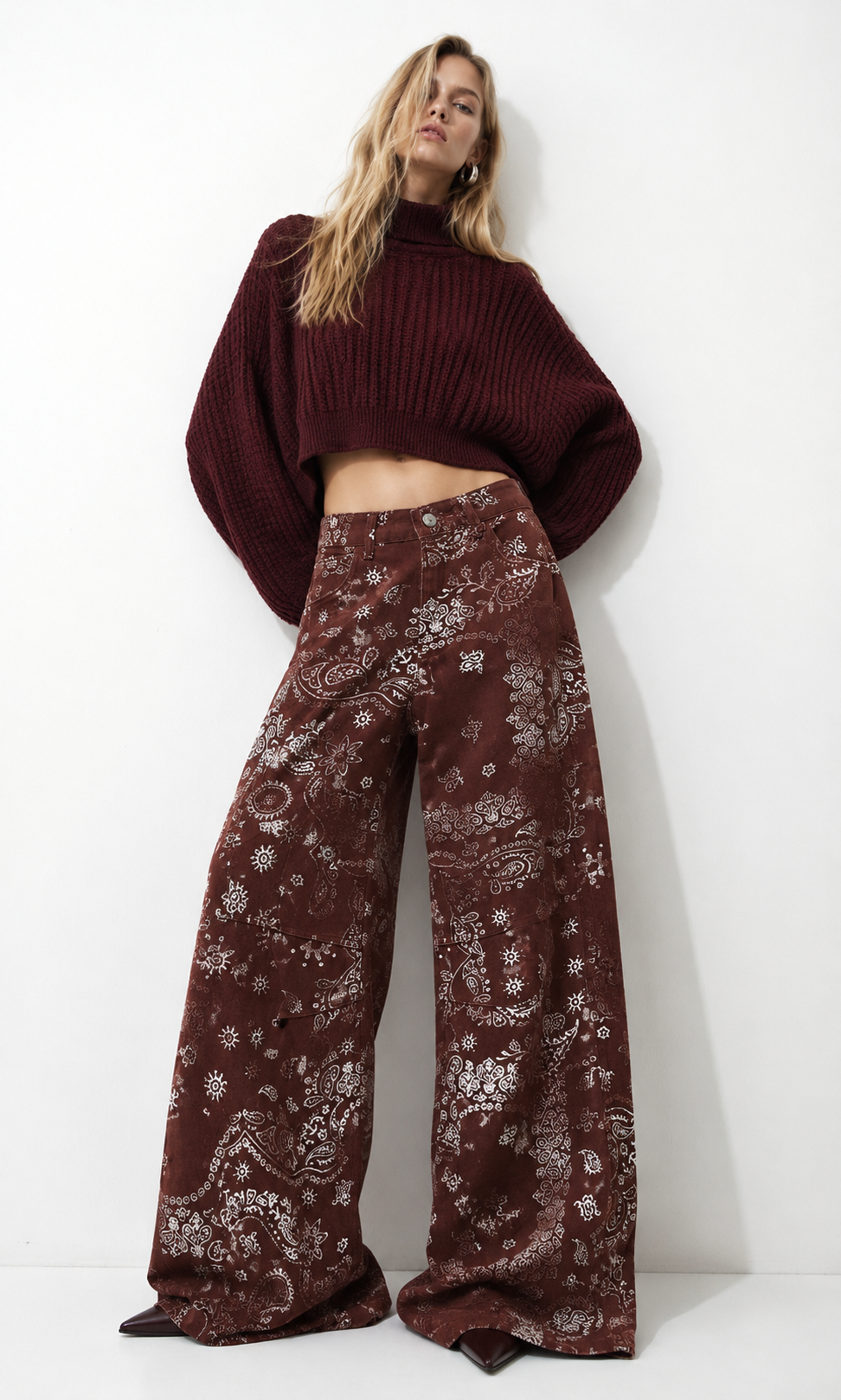 Burgundy Printed barrel Denim