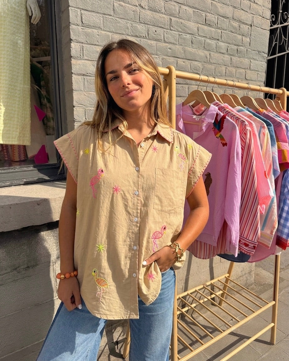 Hand embroidery Beige Flamingo shirt