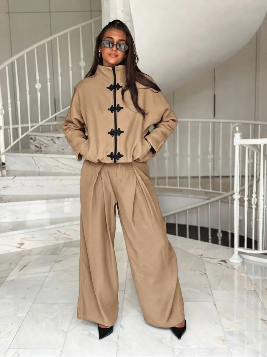Beige Crep Wide Leg Pants Set