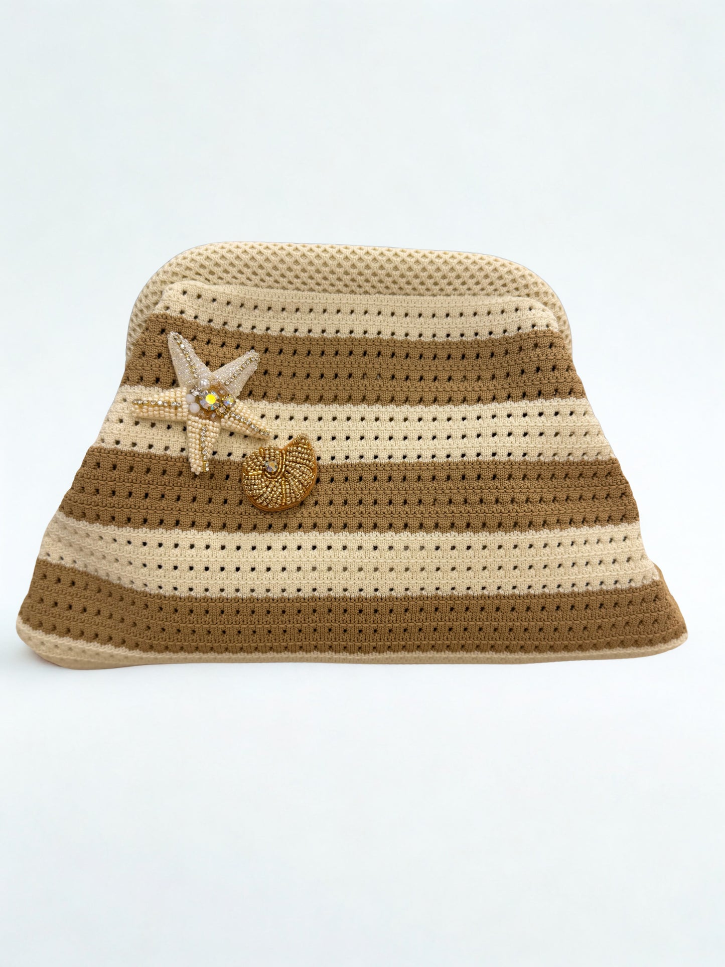 Beige Striped Embellishment Clutch