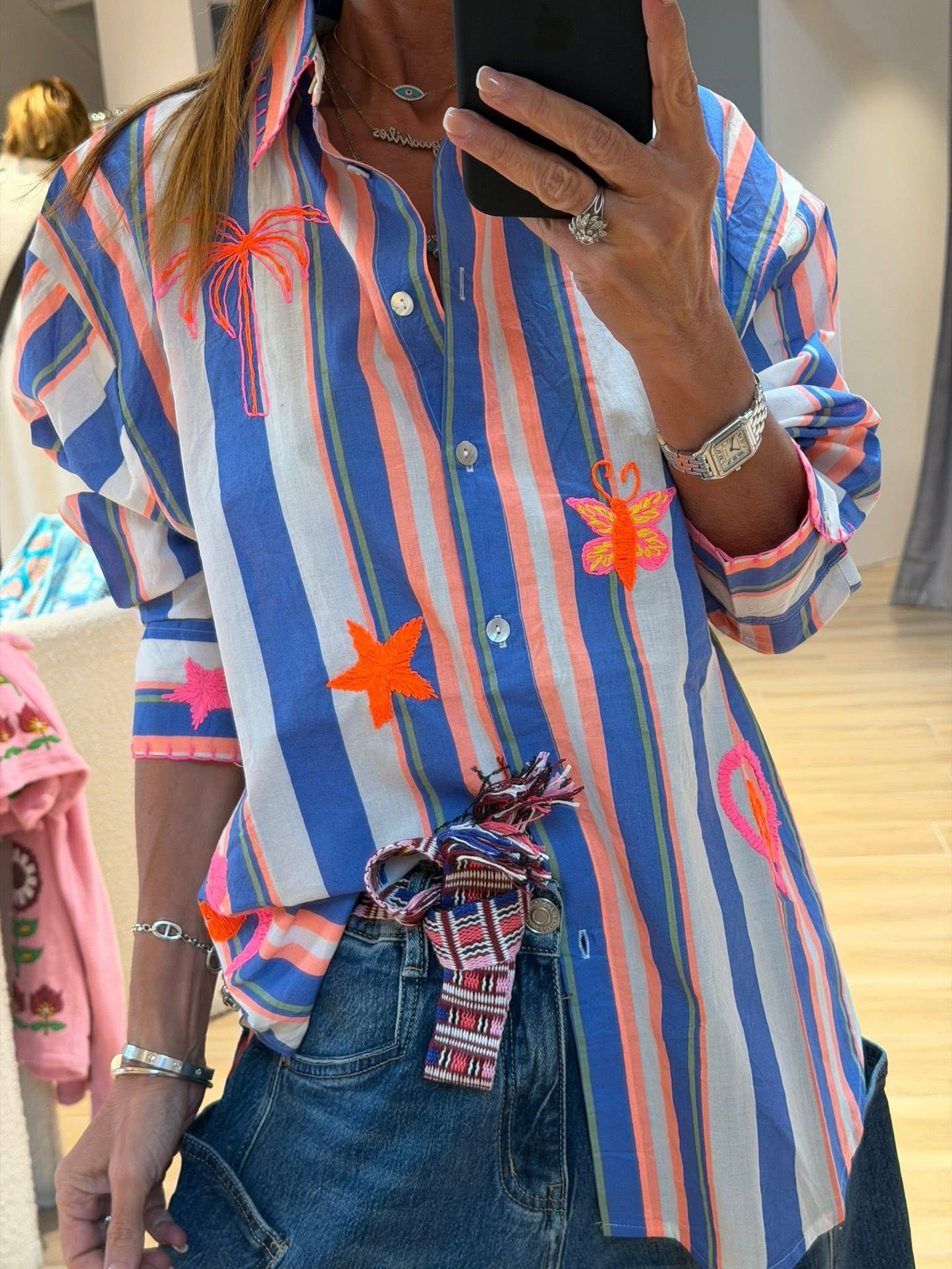 Blue Striped Embroidery Shirt