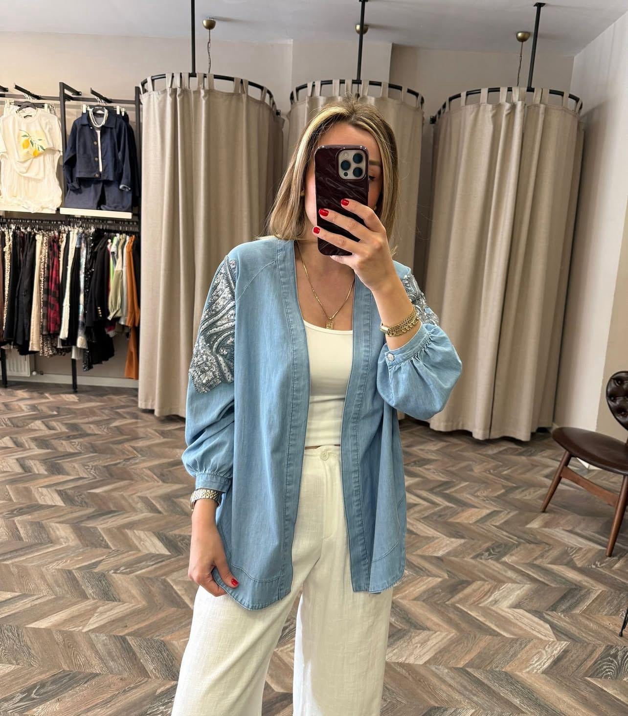 Sequined Denim Cardigan