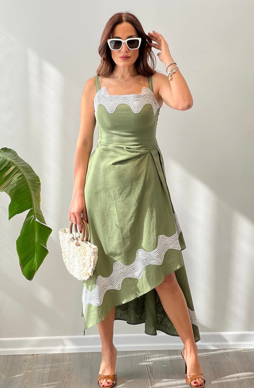 Green linen asymmetrical Dress