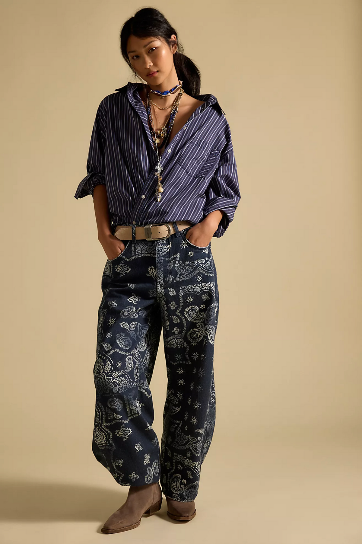 Navy Blue Printed barrel Denim