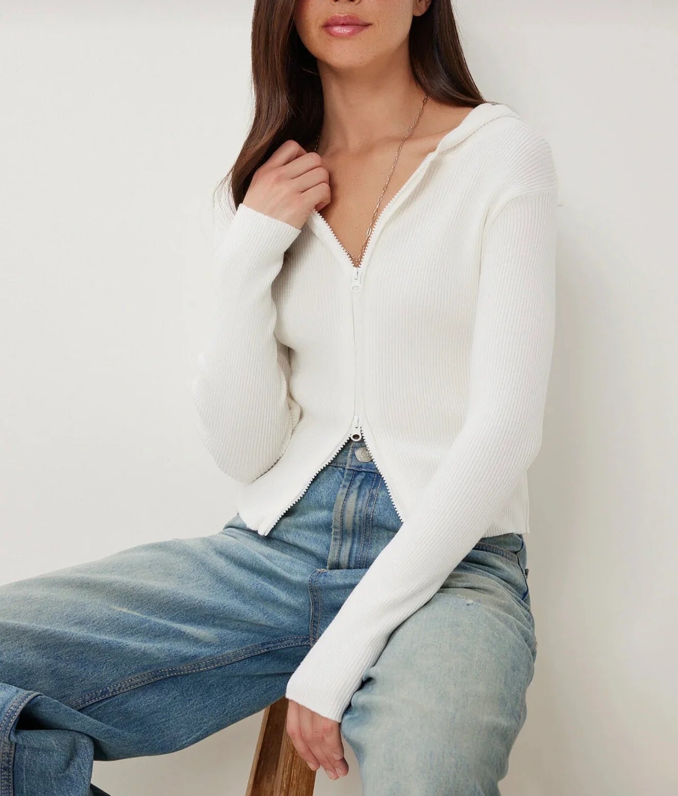 Hooded White zipper knitted Cardigan
