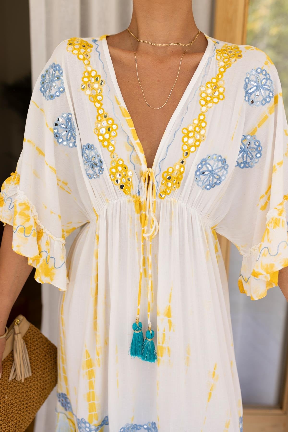 Embroidered Blue/Yellow Maxi Dress