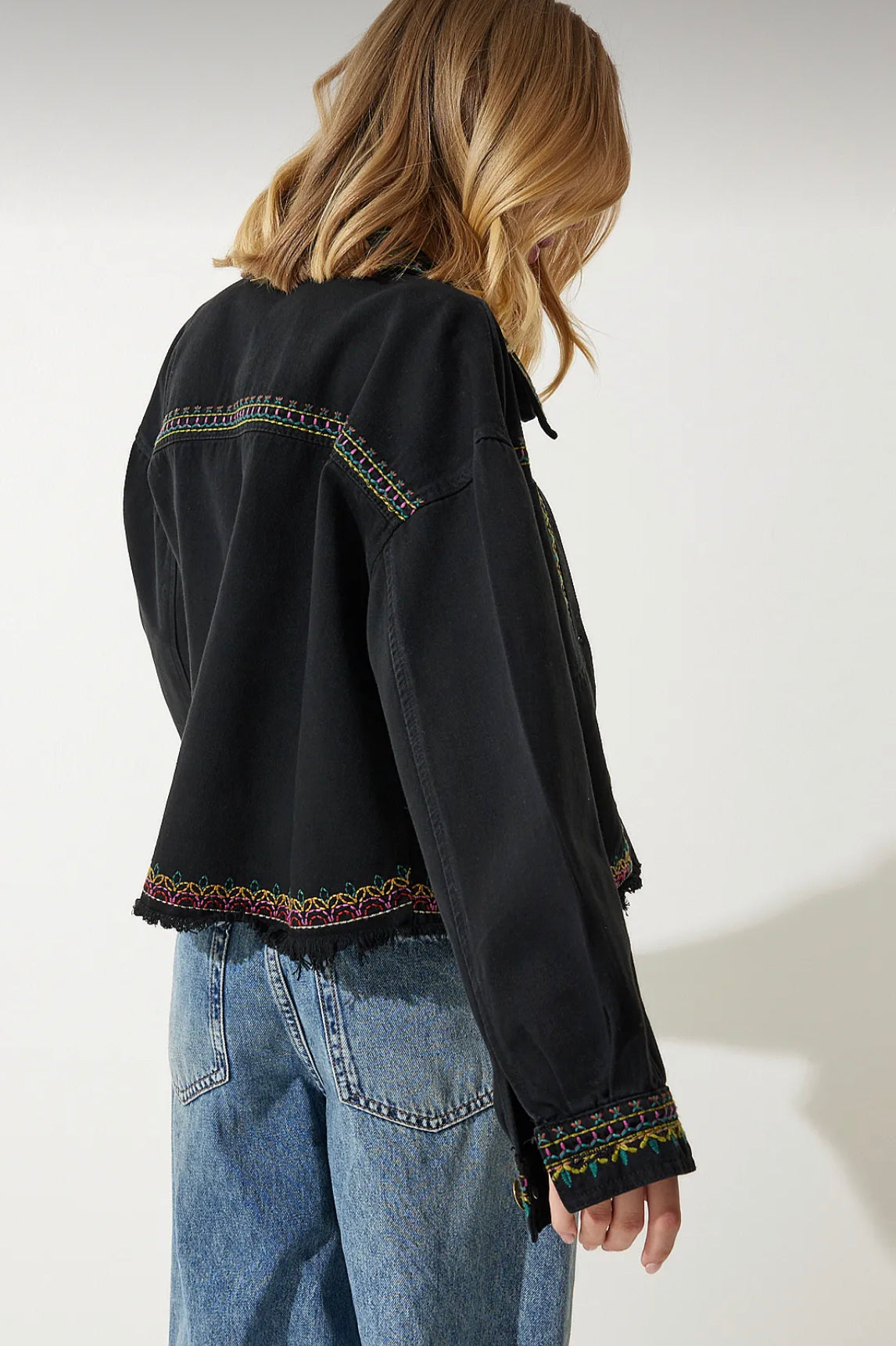 Women’s black embroidered oversized denim jacket