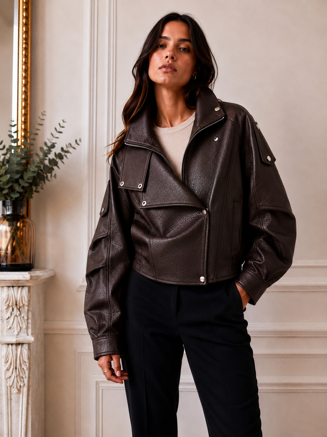 Brown Leather biker Jacket