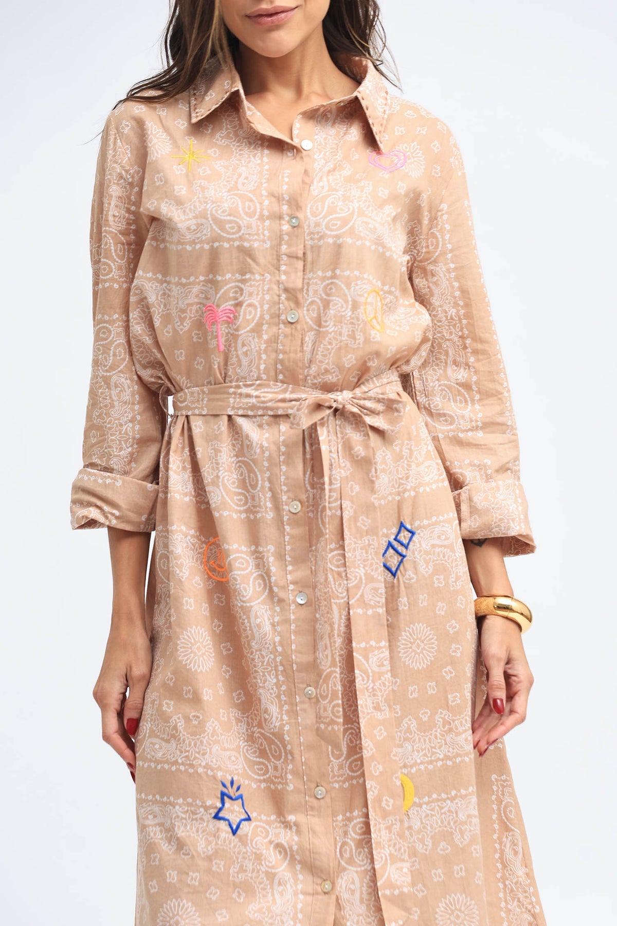 Midi Beige Embroidery Shirt Dress