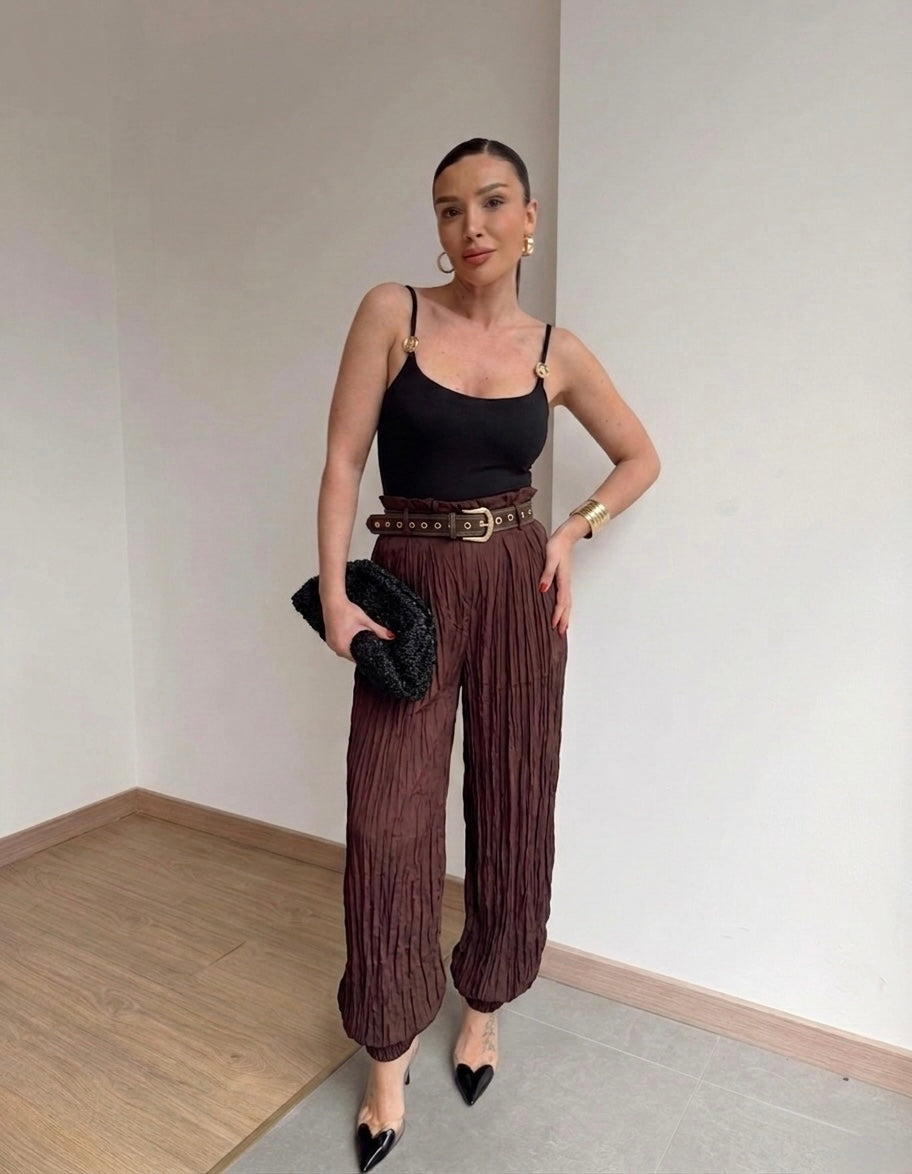 Satin Belted balloon Maroon Pants