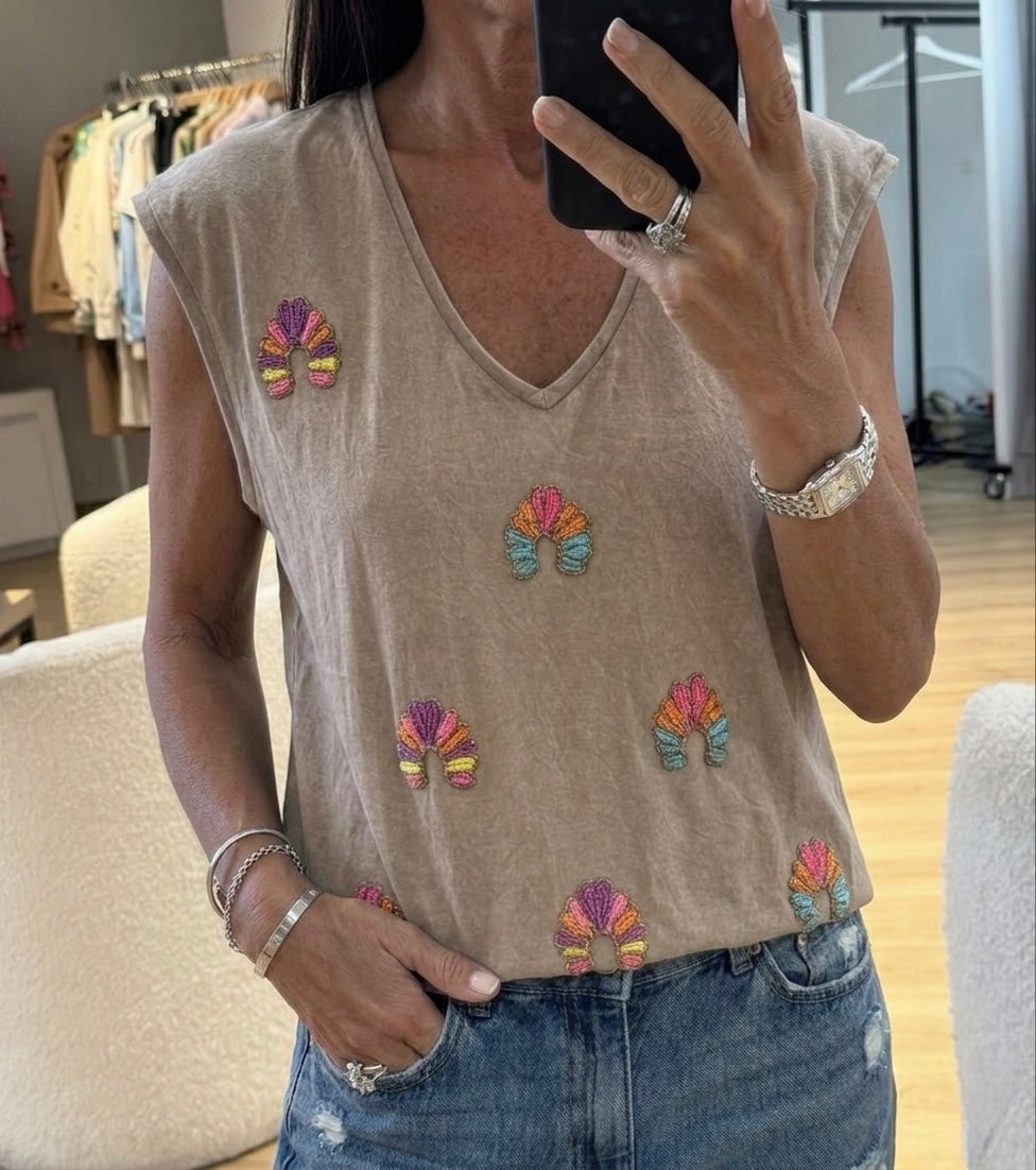 Beige washed Embroidery Tshirt