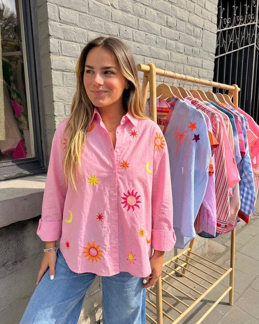 Hand embroidery Pink sunburst shirt