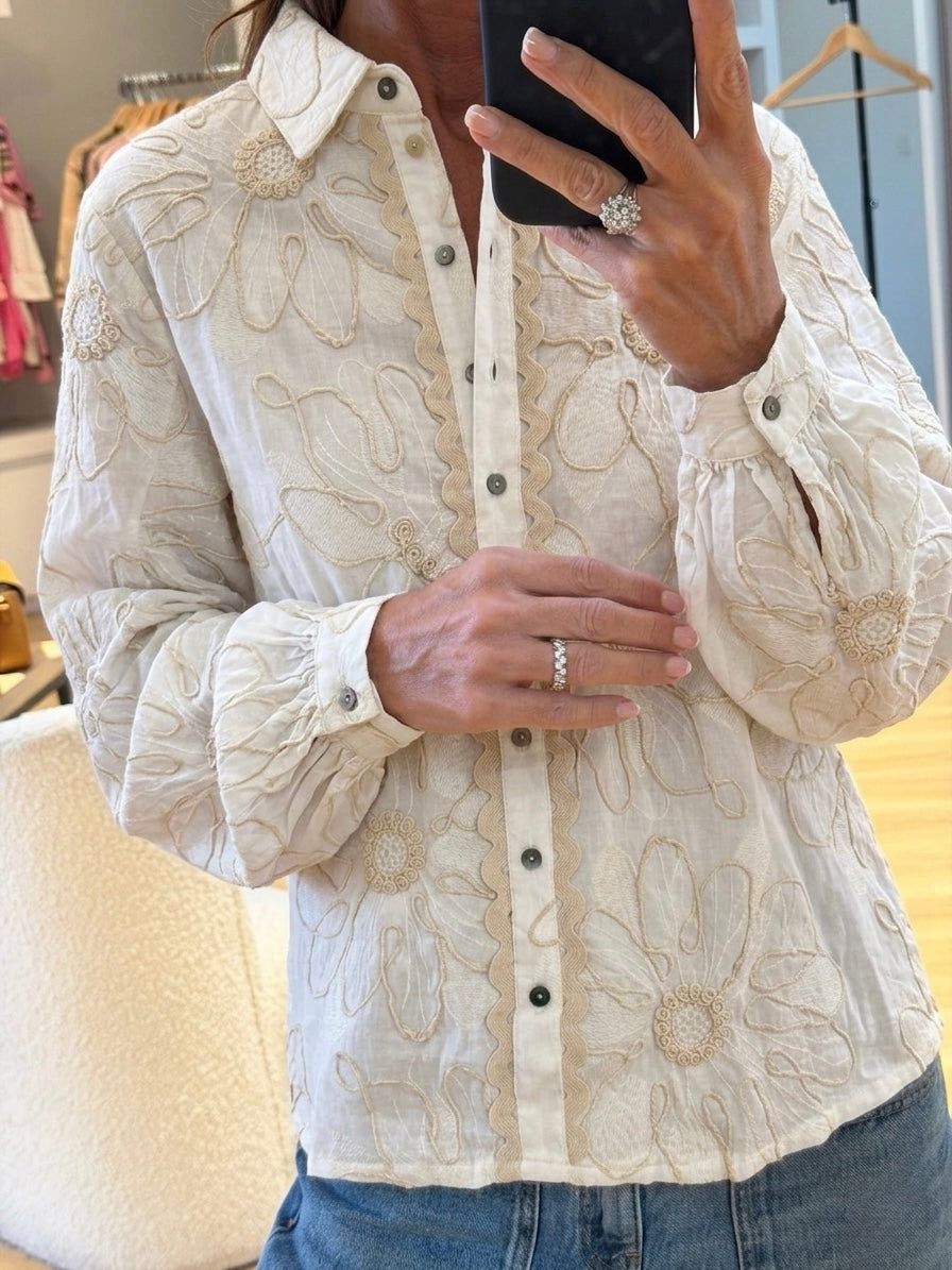 Beige Embroidery balloon sleeves Shirt