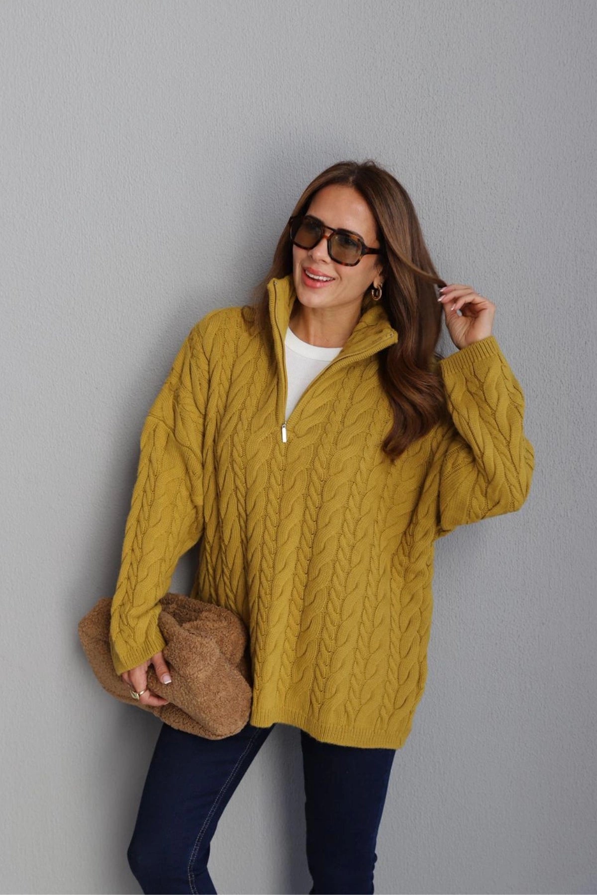 Braided Mustard Oversized Sweater