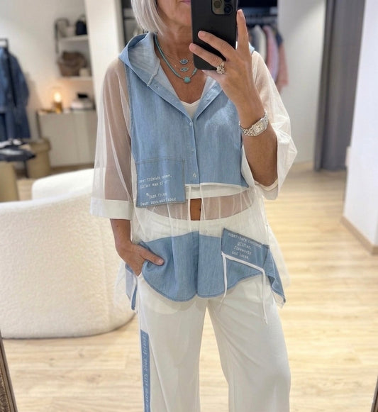 Mesh white Denim Long Shirt