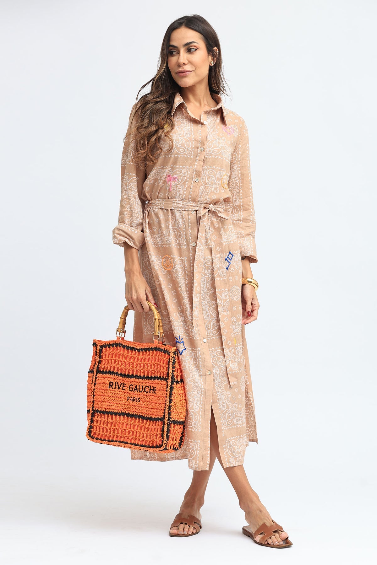 Midi Beige Embroidery Shirt Dress