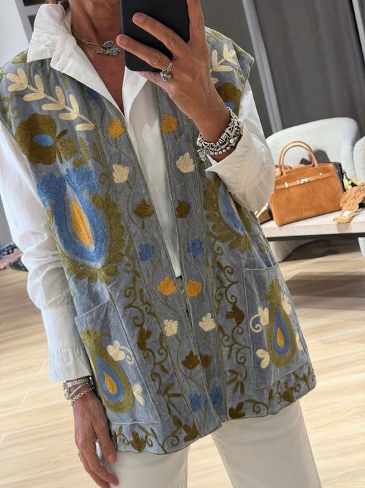 Blue Embroidery Velvet Vest
