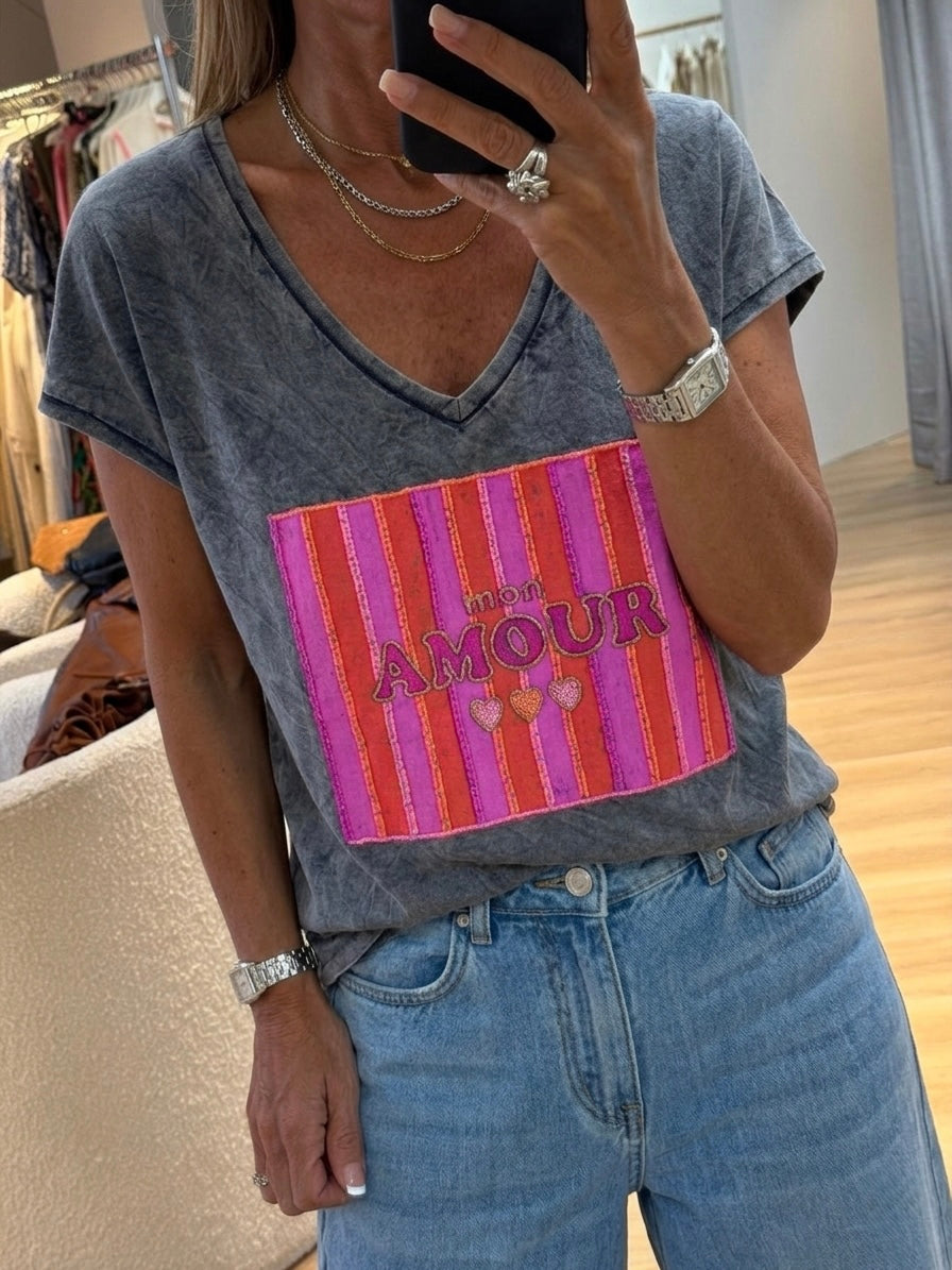 Grey washed Embroidery Tshirt