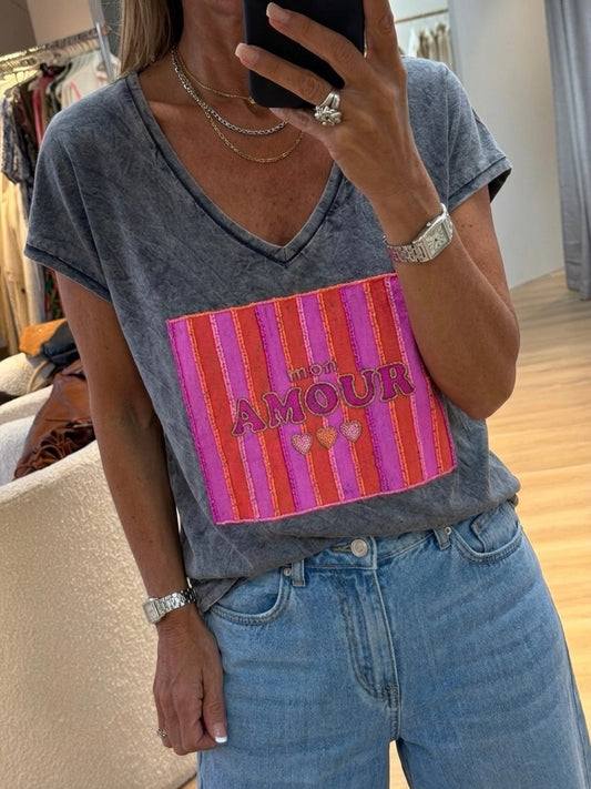Grey washed Embroidery Tshirt