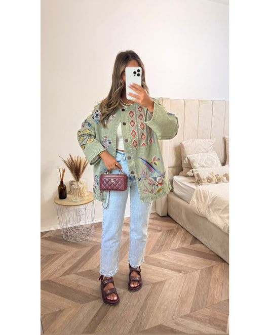 Denim Green Embroidered Jacket