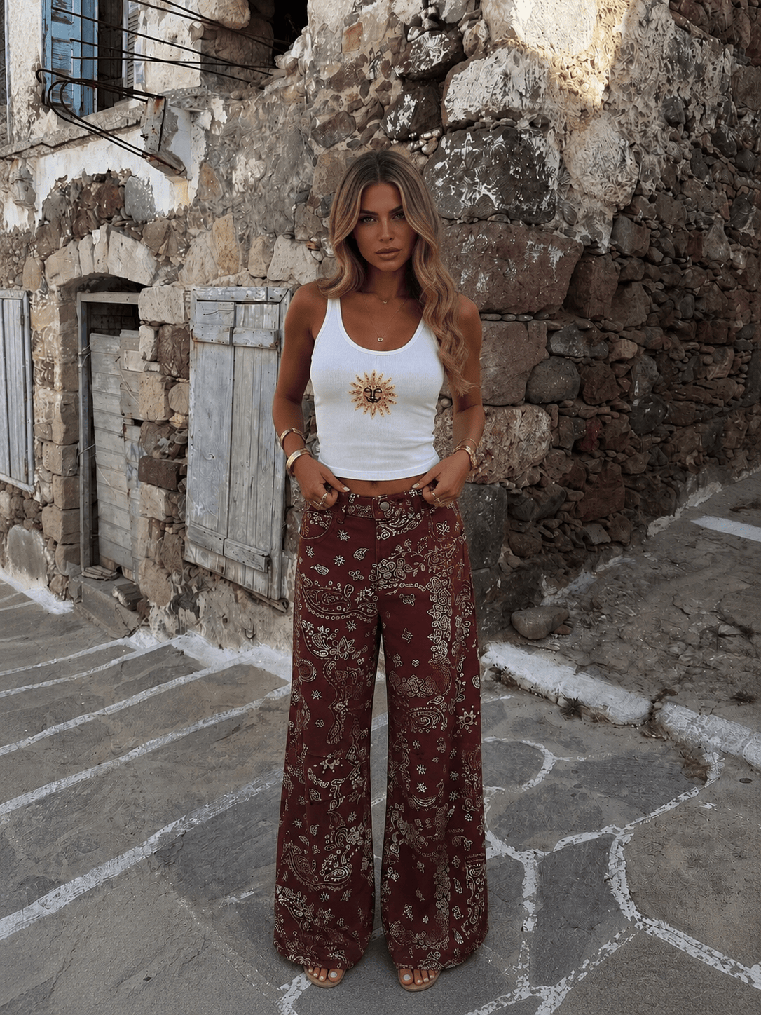 Burgundy Printed barrel Denim