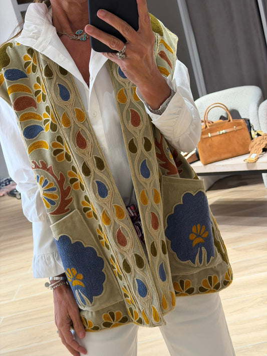 Beige Embroidery Velvet Vest