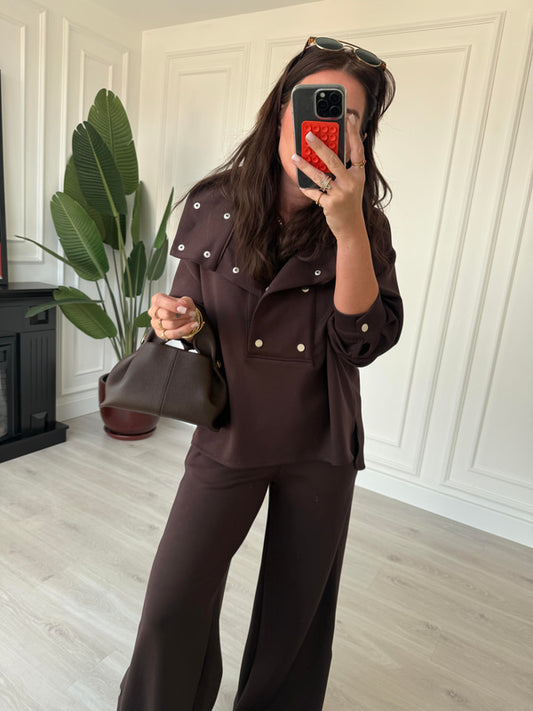 Brown Cotton button details Tracksuit