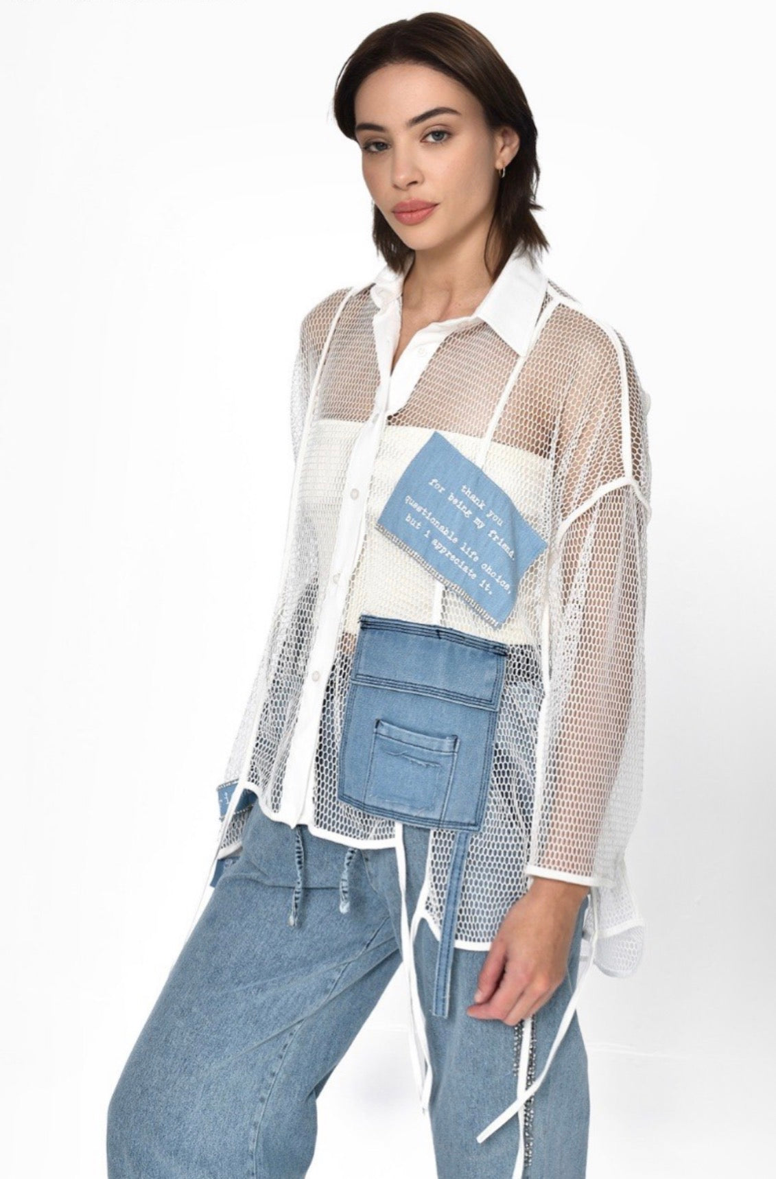 Mesh white Shirt with denim patchwork