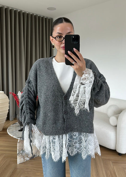 Lace Details Wool Grey Cardigan