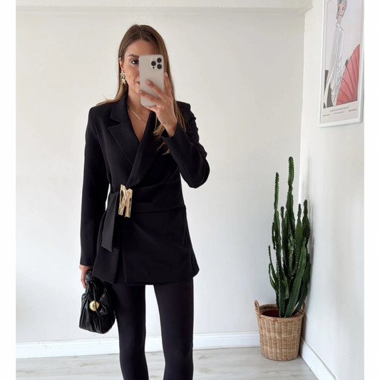 Black blazer with gold buckle