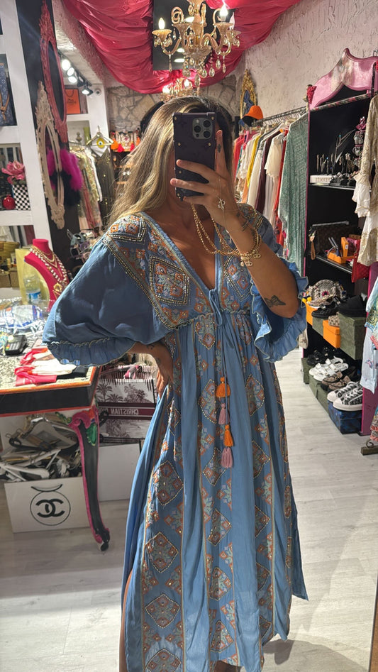 Blue Embroidered Maxi Dress