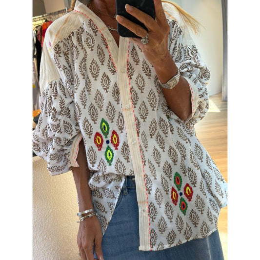 Hand Embroidery Beige oversized Shirt