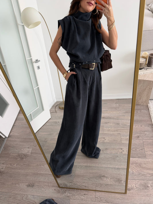 Dark Grey Wide Leg Pants with belt