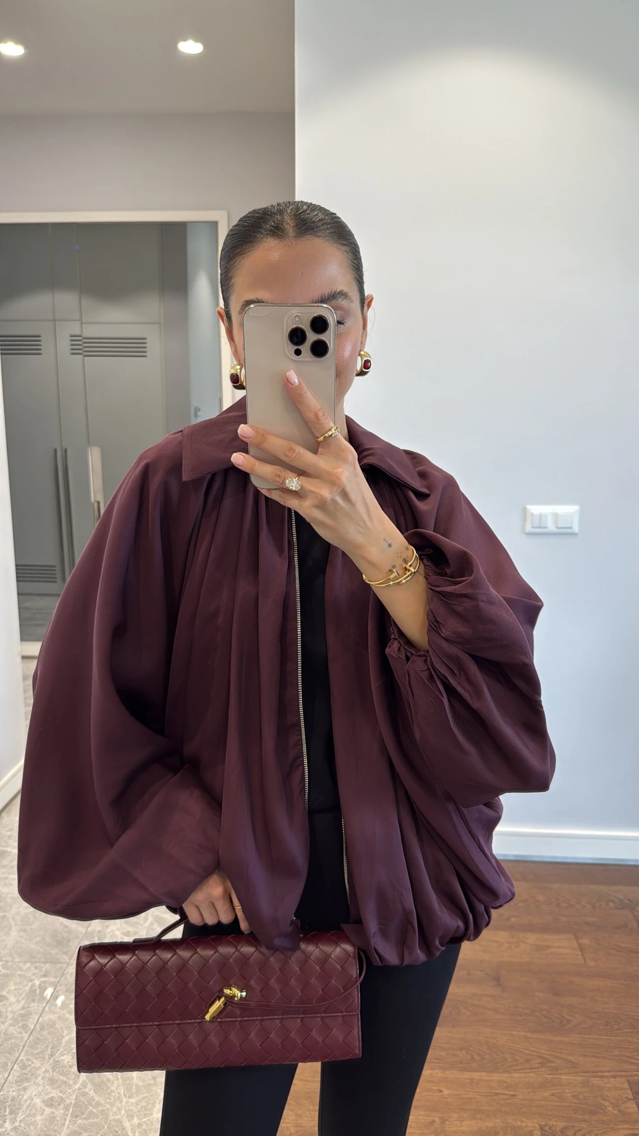 Oversized burgundy Satin batwing sleeve Jacket