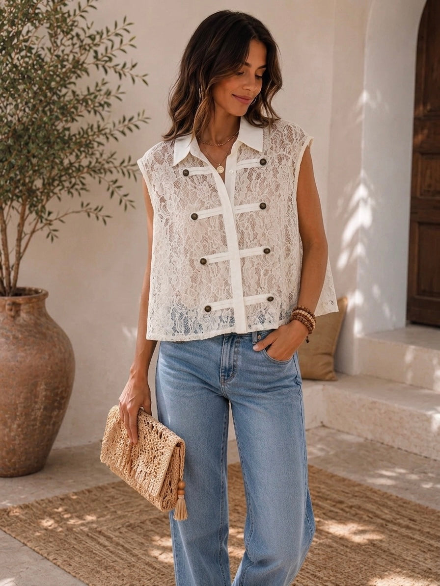 Lace White Double Buttons Gillet