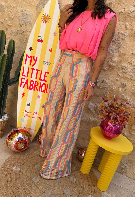 Knit Colorful Beige Wide Leg Pants